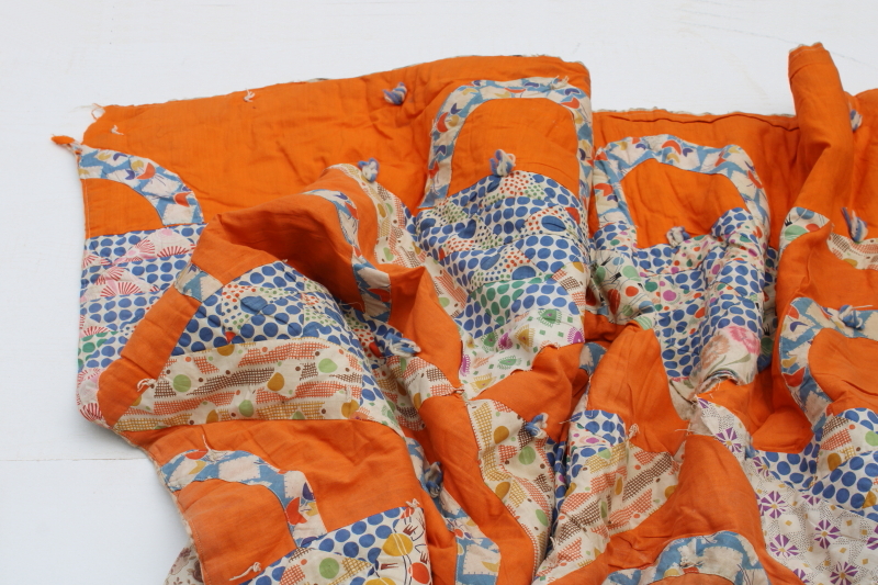 photo of 1930s vintage patchwork quilt, flower basket pieced prints cotton fabric feed sacks on orange  #2