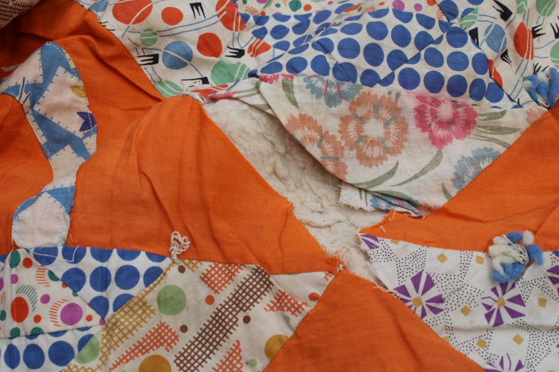 photo of 1930s vintage patchwork quilt, flower basket pieced prints cotton fabric feed sacks on orange  #3
