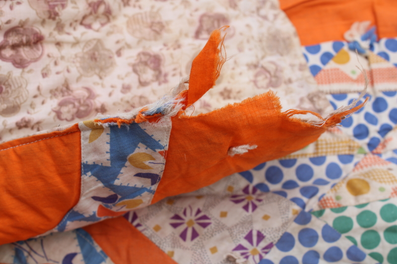 photo of 1930s vintage patchwork quilt, flower basket pieced prints cotton fabric feed sacks on orange  #4