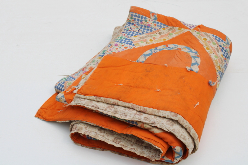 photo of 1930s vintage patchwork quilt, flower basket pieced prints cotton fabric feed sacks on orange  #8