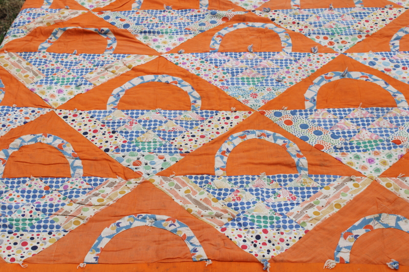 photo of 1930s vintage patchwork quilt, flower basket pieced prints cotton fabric feed sacks on orange  #9