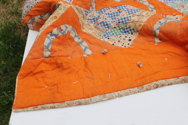 photo of 1930s vintage patchwork quilt, flower basket pieced prints cotton fabric feed sacks on orange  #10