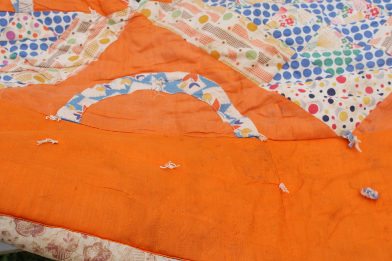 photo of 1930s vintage patchwork quilt, flower basket pieced prints cotton fabric feed sacks on orange  #11
