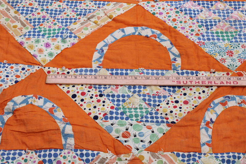 photo of 1930s vintage patchwork quilt, flower basket pieced prints cotton fabric feed sacks on orange  #12
