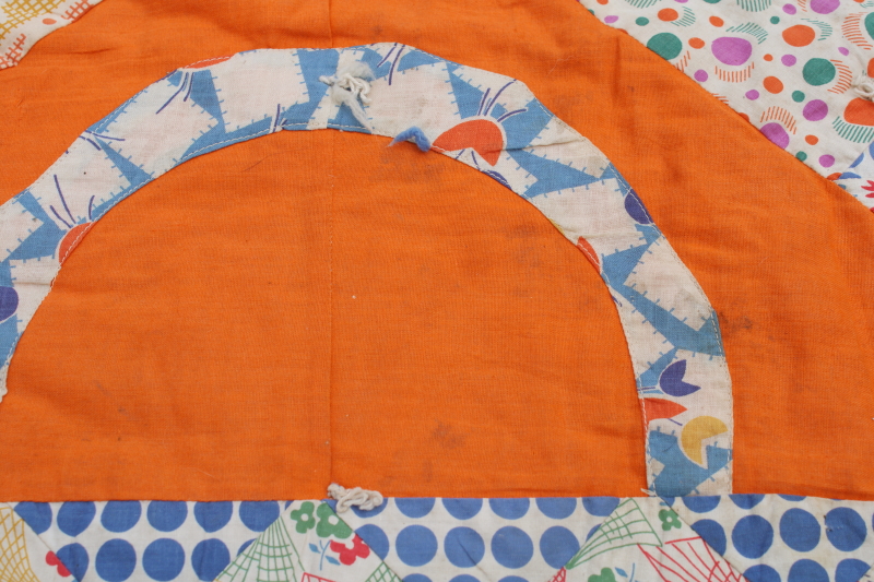 photo of 1930s vintage patchwork quilt, flower basket pieced prints cotton fabric feed sacks on orange  #13