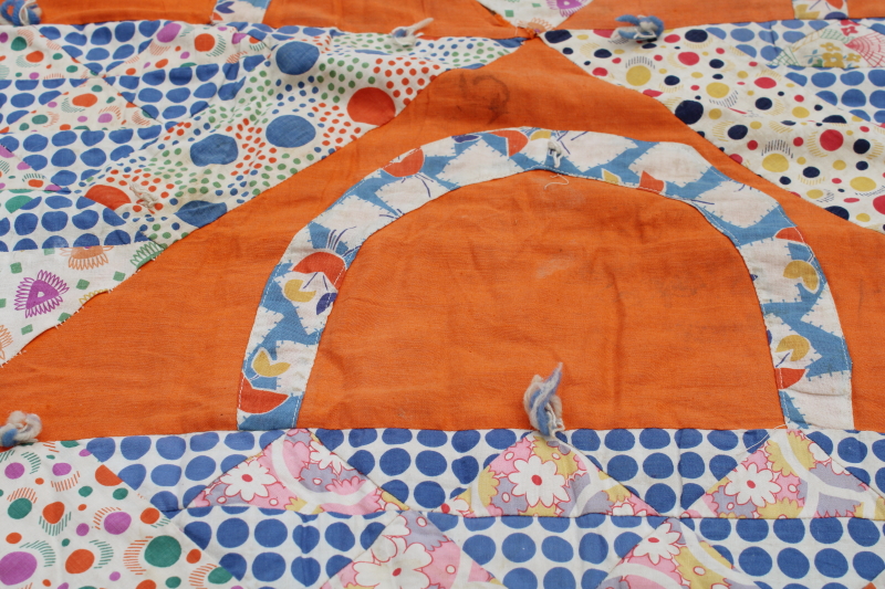 photo of 1930s vintage patchwork quilt, flower basket pieced prints cotton fabric feed sacks on orange  #14