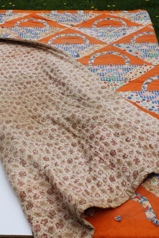photo of 1930s vintage patchwork quilt, flower basket pieced prints cotton fabric feed sacks on orange  #15