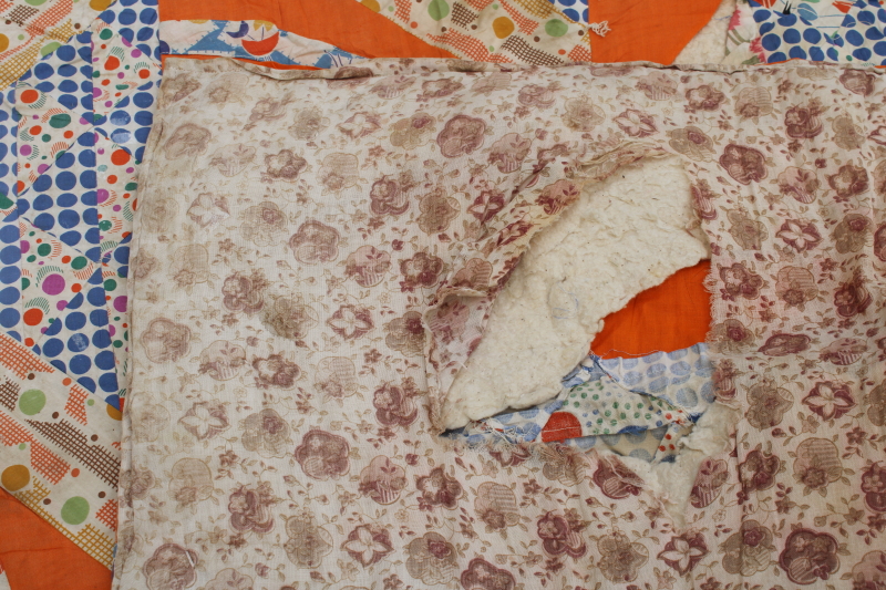 photo of 1930s vintage patchwork quilt, flower basket pieced prints cotton fabric feed sacks on orange  #16