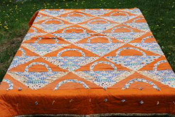 1930s vintage patchwork quilt, flower basket pieced prints cotton fabric feed sacks on orange 