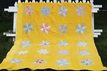 catalog photo of 1930s vintage patchwork quilt, pieced stars on mustard gold country cottage primitive