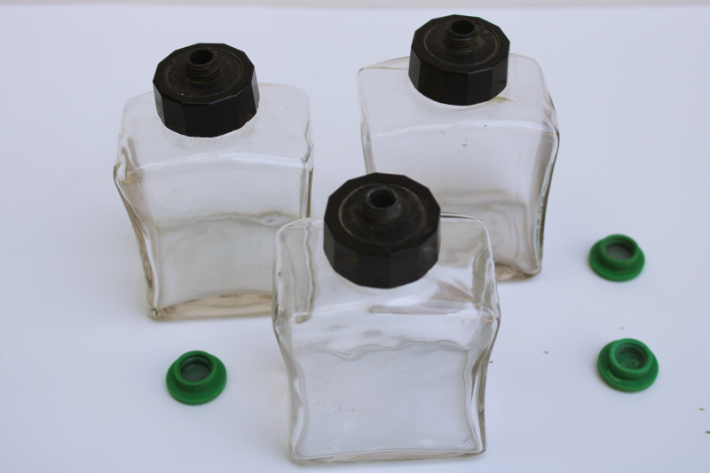 photo of 1930s vintage pharmacy bottles, Squibb green and black bakelite lids art deco glass bottle lot  #3