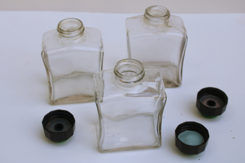 photo of 1930s vintage pharmacy bottles, Squibb green and black bakelite lids art deco glass bottle lot  #4