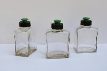 1930s vintage pharmacy bottles, Squibb green and black bakelite lids art deco glass bottle lot 