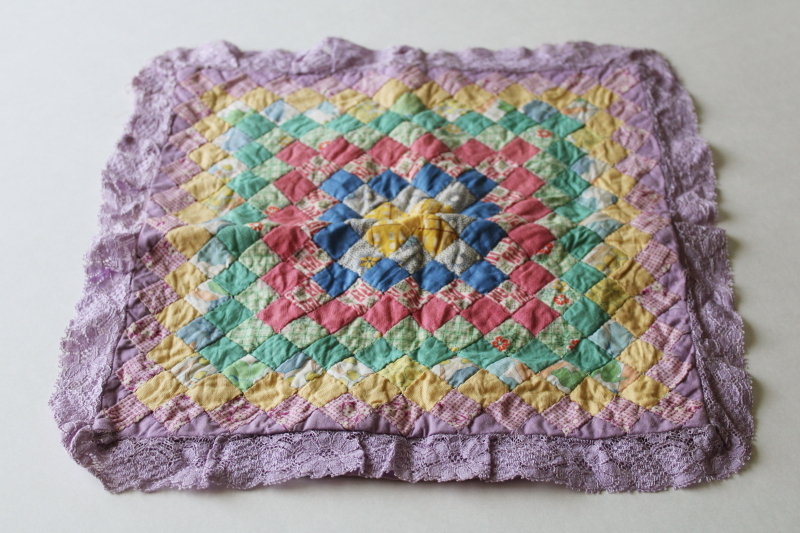 photo of 1930s vintage pillow cover, colorful cotton prints tiny patchwork blocks w/ lavender lace ruffle  #1