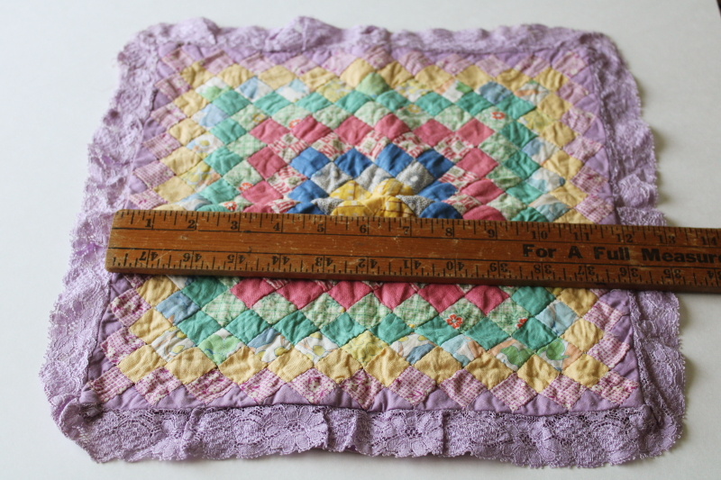 photo of 1930s vintage pillow cover, colorful cotton prints tiny patchwork blocks w/ lavender lace ruffle  #2