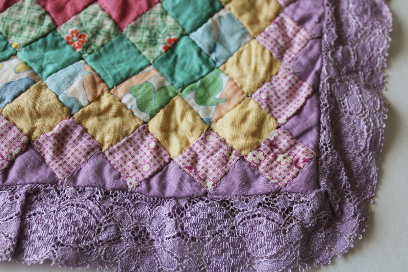 photo of 1930s vintage pillow cover, colorful cotton prints tiny patchwork blocks w/ lavender lace ruffle  #3