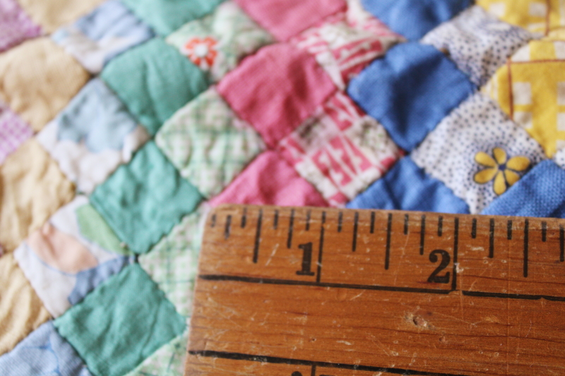 photo of 1930s vintage pillow cover, colorful cotton prints tiny patchwork blocks w/ lavender lace ruffle  #5