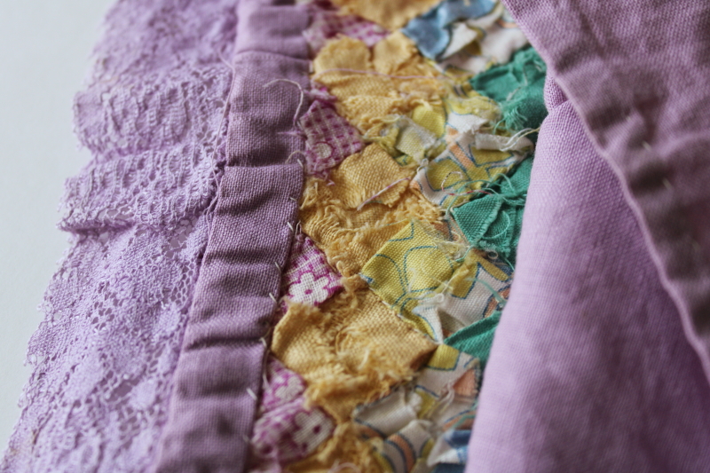 photo of 1930s vintage pillow cover, colorful cotton prints tiny patchwork blocks w/ lavender lace ruffle  #6