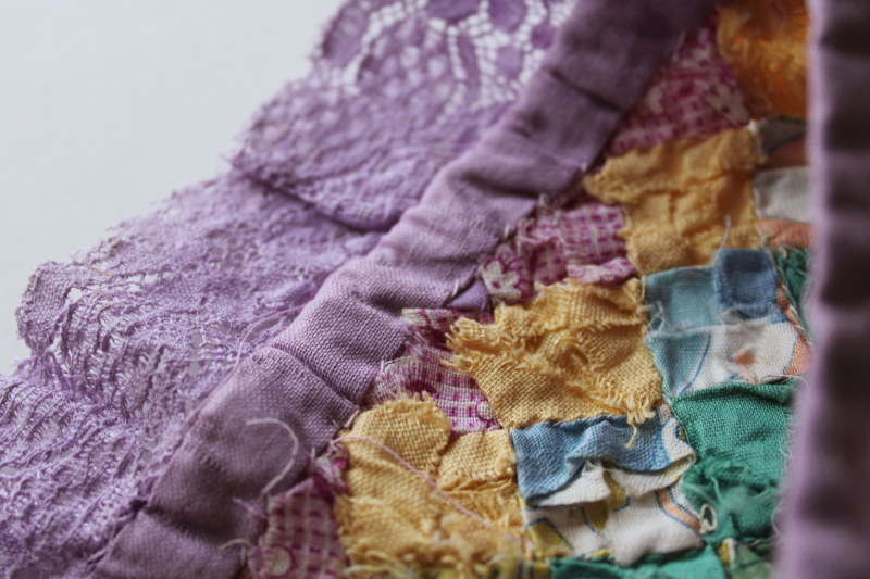 photo of 1930s vintage pillow cover, colorful cotton prints tiny patchwork blocks w/ lavender lace ruffle  #7