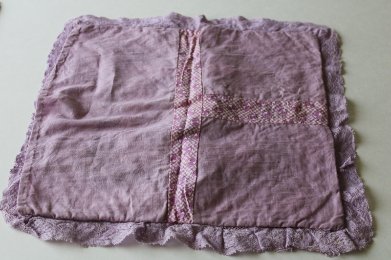 photo of 1930s vintage pillow cover, colorful cotton prints tiny patchwork blocks w/ lavender lace ruffle  #8