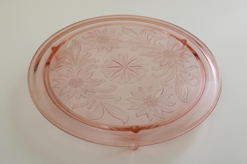 photo of 1930s vintage pink depression glass cake plate, Jeannette sunflower daisy pattern  #1