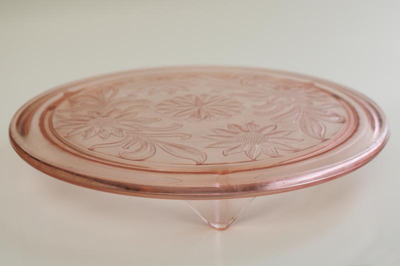 photo of 1930s vintage pink depression glass cake plate, Jeannette sunflower daisy pattern  #2