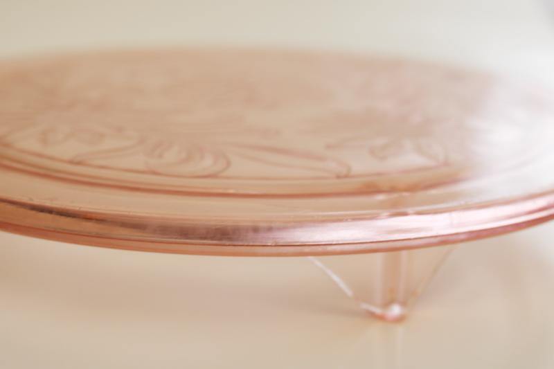 photo of 1930s vintage pink depression glass cake plate, Jeannette sunflower daisy pattern  #3