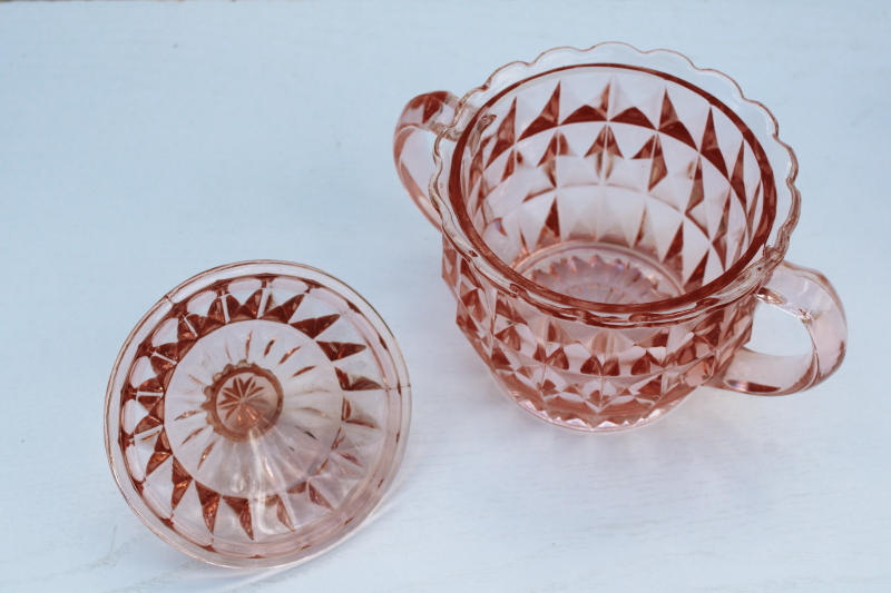 photo of 1930s vintage pink depression glass creamer & sugar set, Jeanette glass Windsor pattern  #2