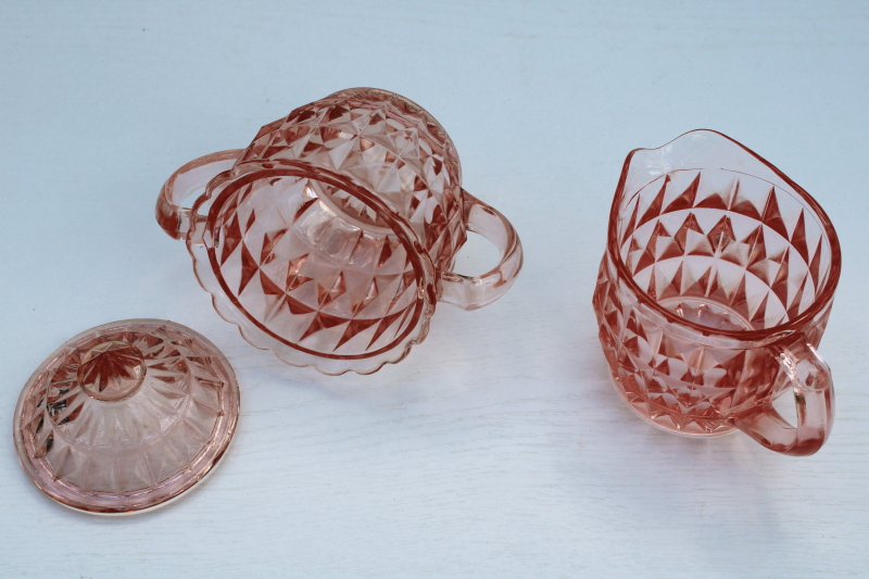 photo of 1930s vintage pink depression glass creamer & sugar set, Jeanette glass Windsor pattern  #4