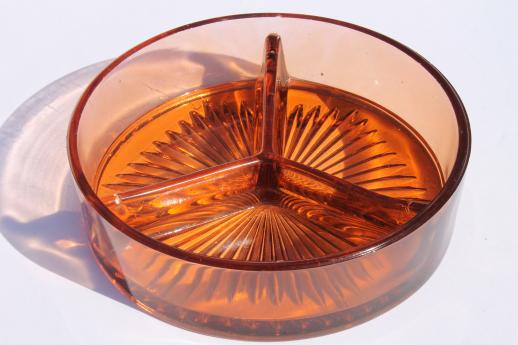 photo of 1930s vintage pink depression glass divided relish dish w/ art deco metal basket server #8