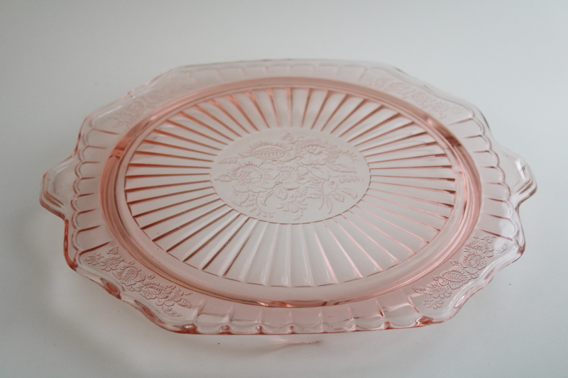 photo of 1930s vintage pink depression glass footed cake plate, Anchor Hocking Mayfair square tray w/ handles #1