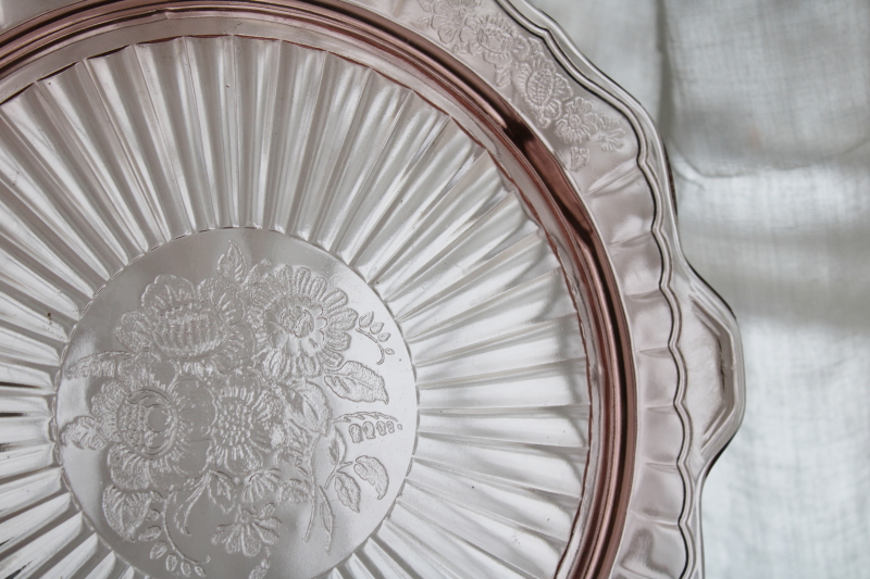 photo of 1930s vintage pink depression glass footed cake plate, Anchor Hocking Mayfair square tray w/ handles #2