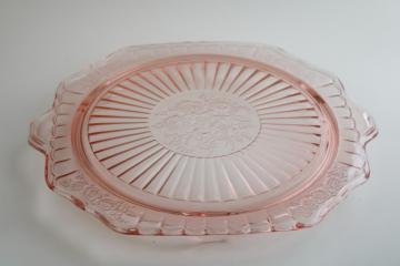 1930s vintage pink depression glass footed cake plate, Anchor Hocking Mayfair square tray w/ handles