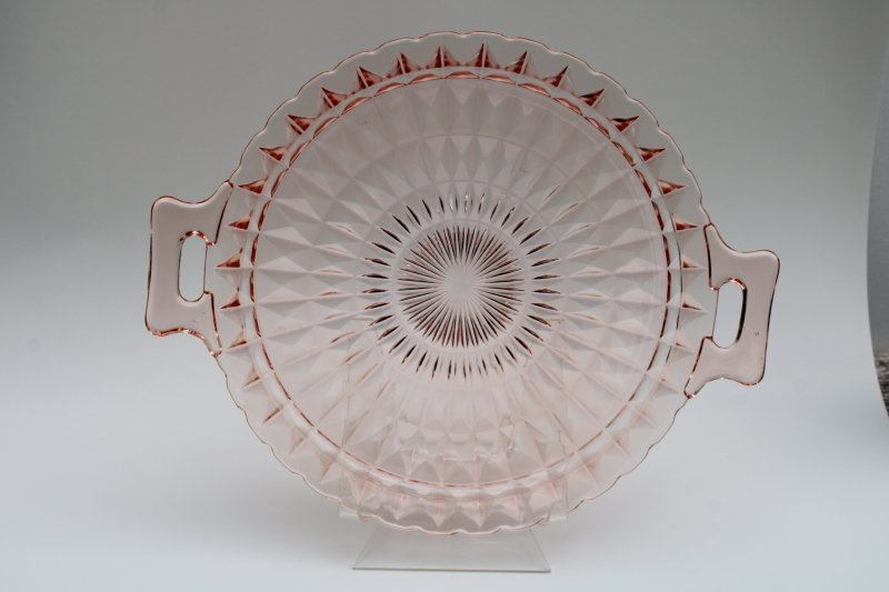 photo of 1930s vintage pink depression glass tray, cake plate w/ handles Windsor diamond Jeannette glass  #1