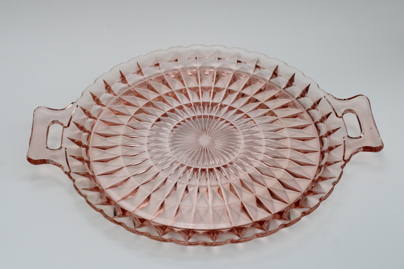 photo of 1930s vintage pink depression glass tray, cake plate w/ handles Windsor diamond Jeannette glass  #3