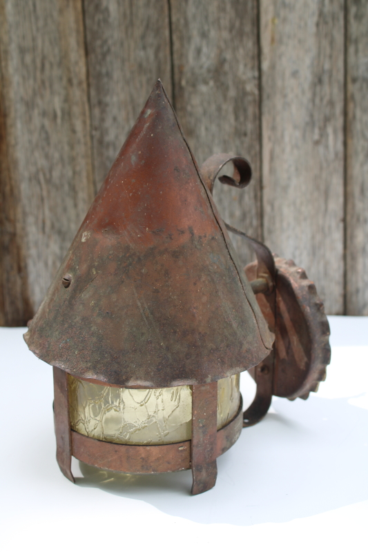 photo of 1930s vintage porch light wall mount copper lantern for Tudor witch cottage, arts & crafts bungalow  #1