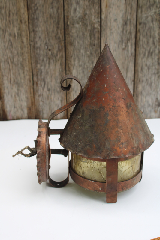 photo of 1930s vintage porch light wall mount copper lantern for Tudor witch cottage, arts & crafts bungalow  #5