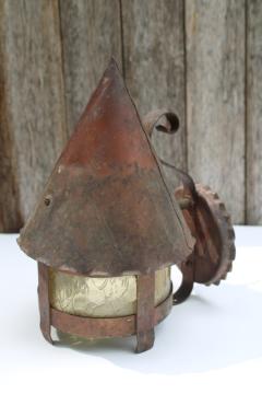 catalog photo of 1930s vintage porch light wall mount copper lantern for Tudor witch cottage, arts & crafts bungalow 