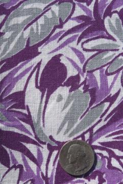 catalog photo of 1930s vintage print cotton feed sack fabric, abstract tulips floral purple & grey