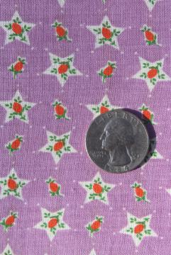 catalog photo of 1930s vintage print cotton feed sack fabric, orange and lavender, flowers in stars