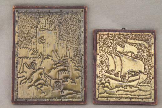 photo of 1930s vintage punched brass pictures, arts & crafts Spanish colonial galleon & Alhambra #2