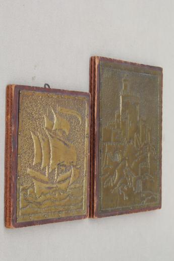 photo of 1930s vintage punched brass pictures, arts & crafts Spanish colonial galleon & Alhambra #3