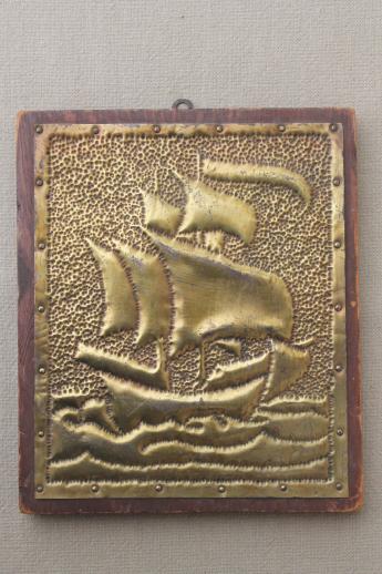 photo of 1930s vintage punched brass pictures, arts & crafts Spanish colonial galleon & Alhambra #4