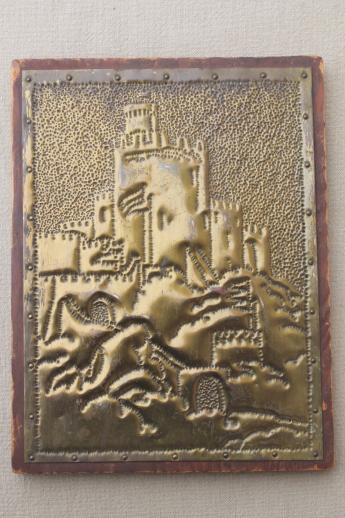 photo of 1930s vintage punched brass pictures, arts & crafts Spanish colonial galleon & Alhambra #6