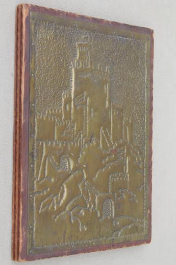 photo of 1930s vintage punched brass pictures, arts & crafts Spanish colonial galleon & Alhambra #7