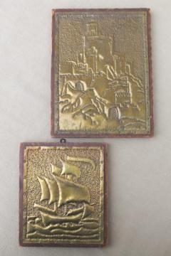 catalog photo of 1930s vintage punched brass pictures, arts & crafts Spanish colonial galleon & Alhambra