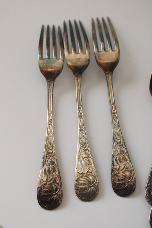 photo of 1930s vintage pure silver plate flatware, art nouveau style poppies floral heavy embossed design  #2