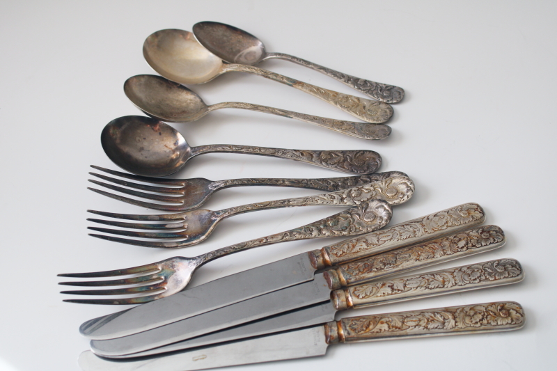 photo of 1930s vintage pure silver plate flatware, art nouveau style poppies floral heavy embossed design  #4