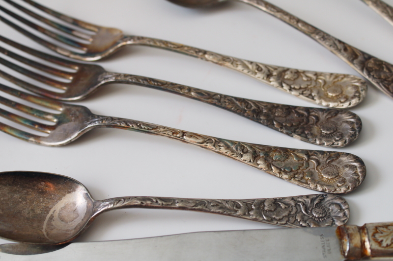 photo of 1930s vintage pure silver plate flatware, art nouveau style poppies floral heavy embossed design  #5