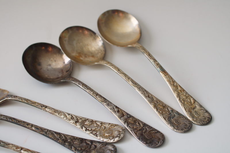 photo of 1930s vintage pure silver plate flatware, art nouveau style poppies floral heavy embossed design  #6
